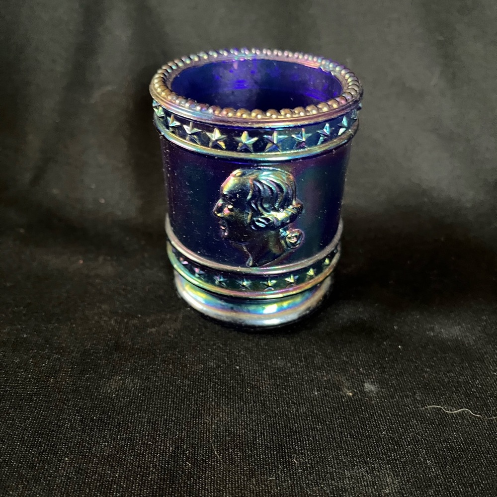 Iridescent Blue Glass Toothpick holder with Embossed Design by Bob St Clair